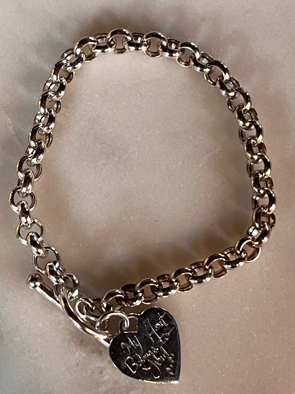 Sterling Silver 925 Italian Heart Toggle Bracelet Engraved Love Charm Rolo Chain